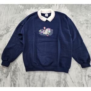 Vintage 90s Gildan Collared Embroidered Sweatshirt Size L Blue White Pink Casual